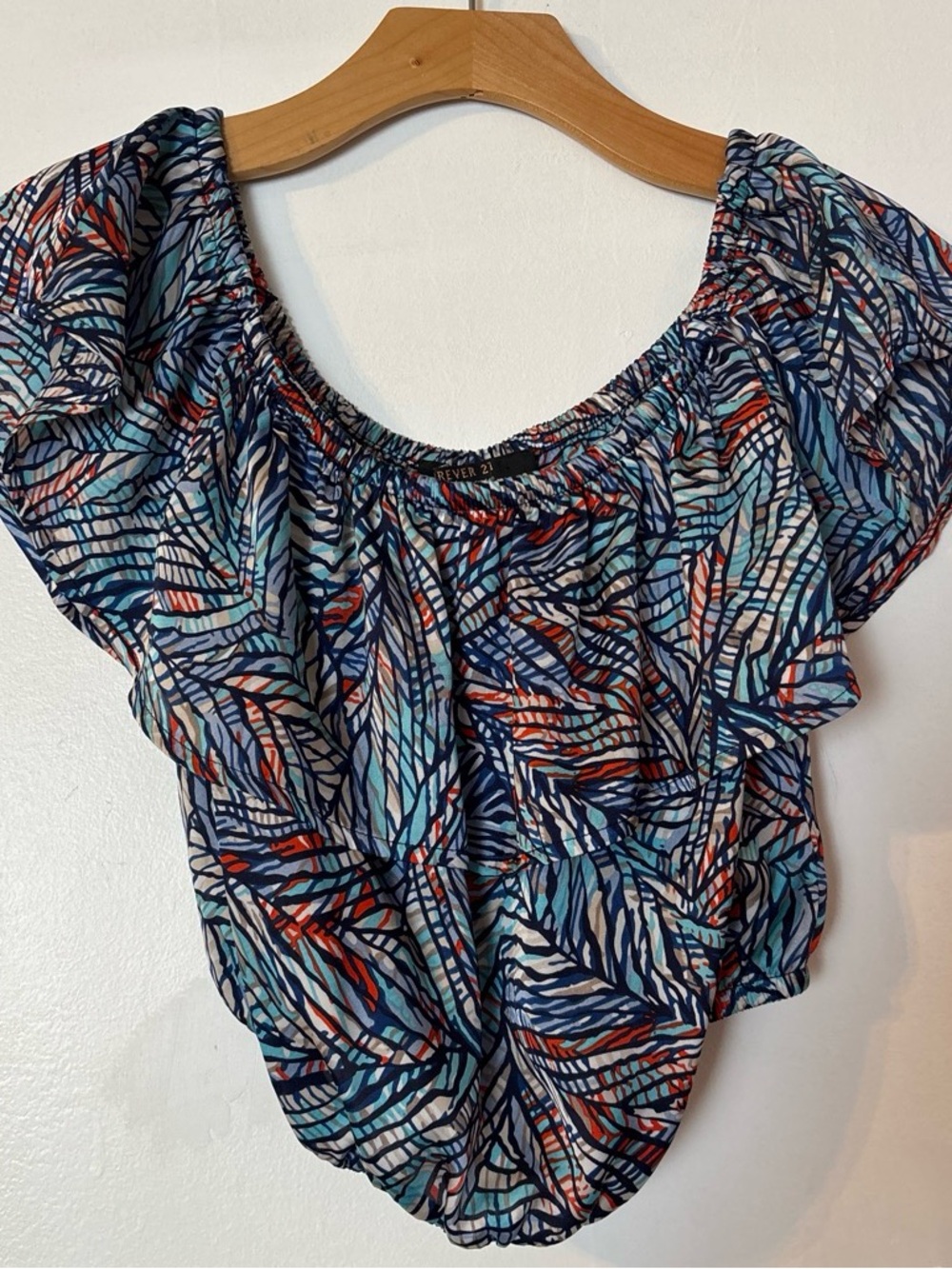 Forever 21 Navy & Aqua Leaf Print Off-Shoulder Top with Red Accents